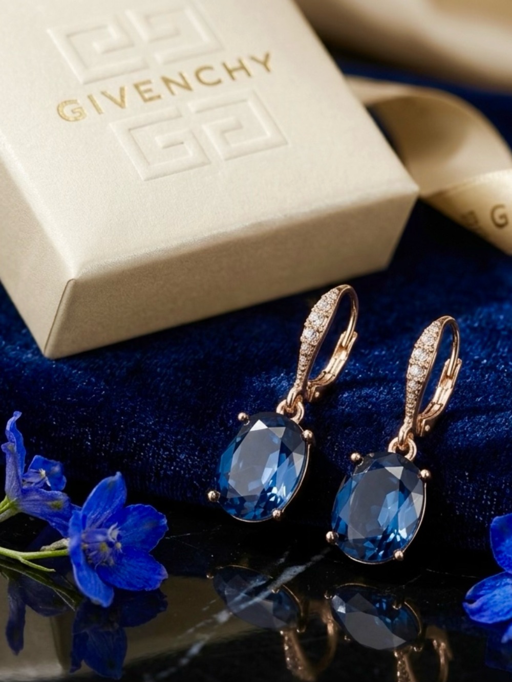 New Givenchy Blue Crystal Drop Earrings Gold Tone Statement Jewelry